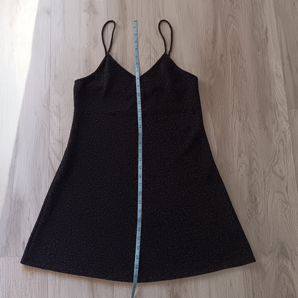 Angie Slip Mini Dress Black Silver Metallic Shimmer Spaghetti Strap Low V Medium - Picture 11 of 14
